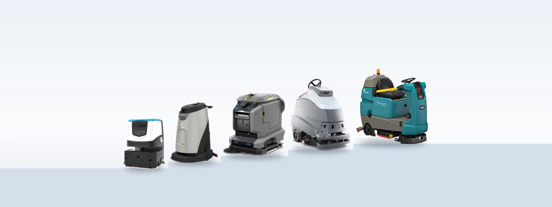 Five robotic floor scrubbers on rising steps from smallest to largest: ICE Cobi 18, Gausium Scrubber 50, Kärcher KIRA B 50, Nilfisk Liberty SC50 and Tennant T7AMR