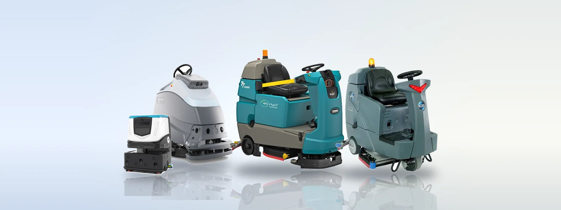 ICE Cobi 18 and Nilfisk Liberty SC50 robotic floor scrubbers beside a Tennant T7AMR robotic rider and an ICE RS26+ ride-on floor scrubber