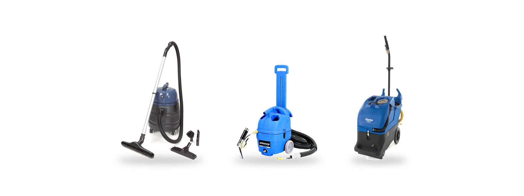 Powr-Flite PF51 wet/dry vacuum, EDIC Bravo carpet spotter and Clarke EX20 portable carpet extractor on a white background
