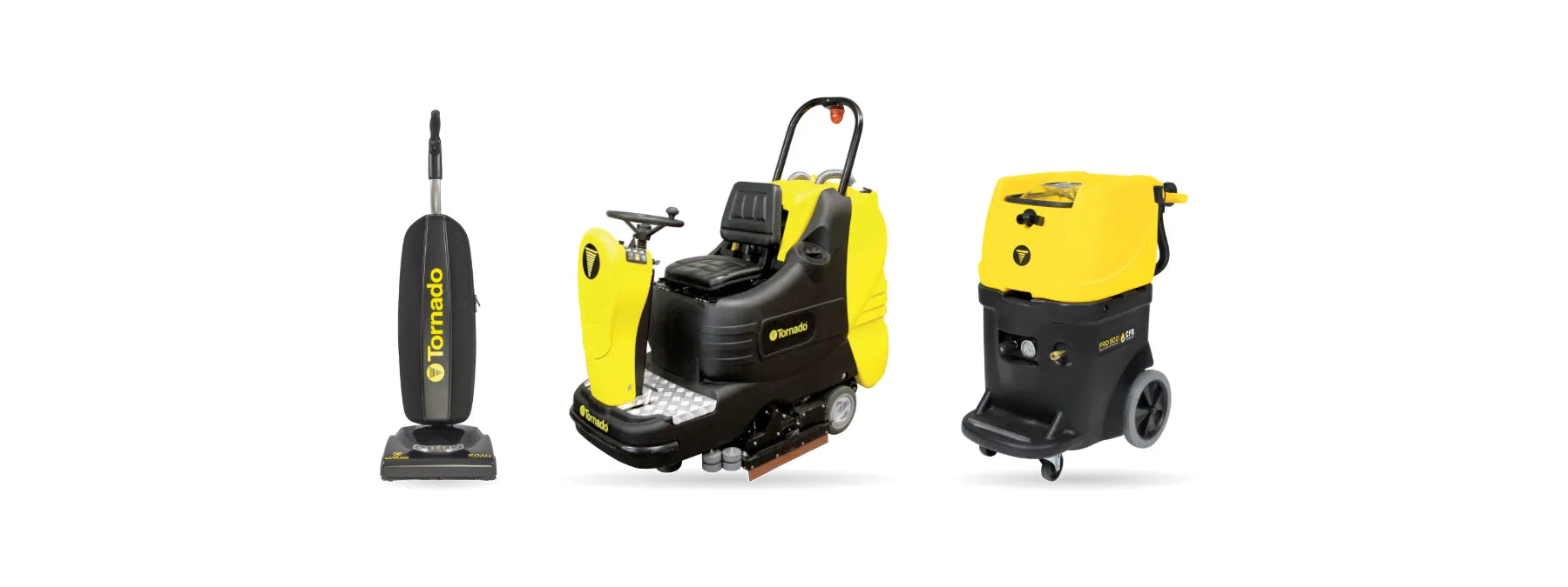 Tornado CK LW 13/1 Roam cordless upright vacuum, BR 33/30 ride-on floor scrubber and Pro 500 carpet extractor