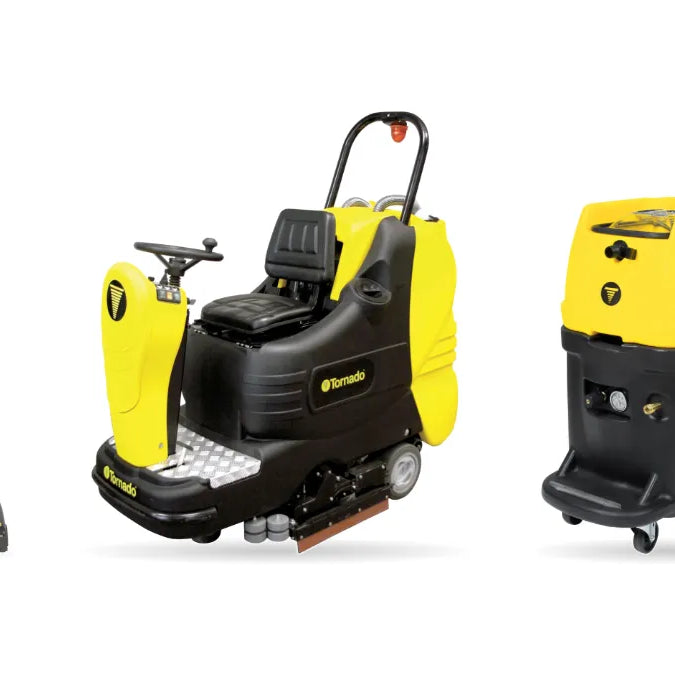 Tornado CK LW 13/1 Roam cordless upright vacuum, BR 33/30 ride-on floor scrubber and Pro 500 carpet extractor