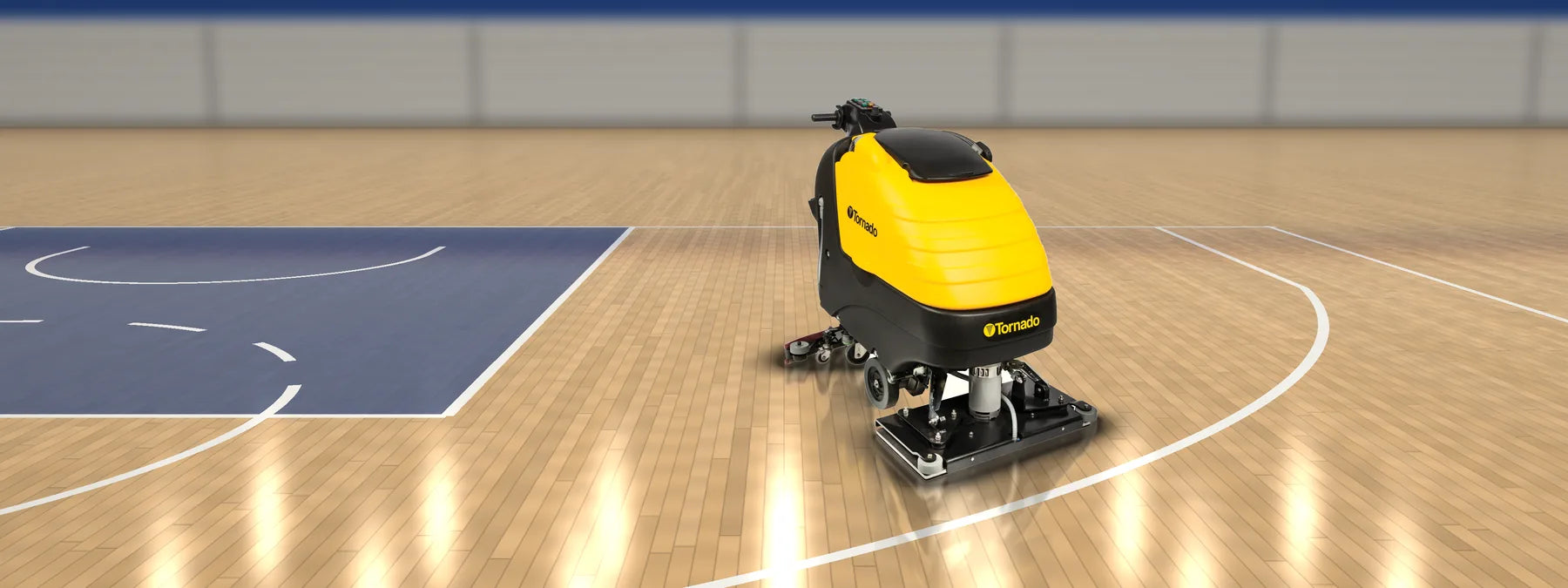 Tornado OB 28/20 orbital walk-behind scrubber on a glossy maple basketball court inside the three-point line, with a painted blue lane