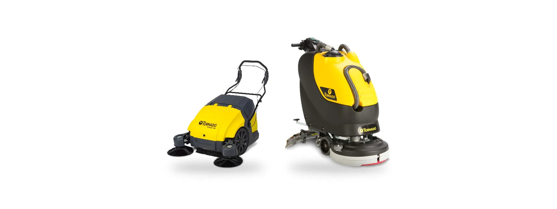 Tornado Torrent 43 walk-behind sweeper beside a Tornado BD 20/11L walk-behind auto scrubber