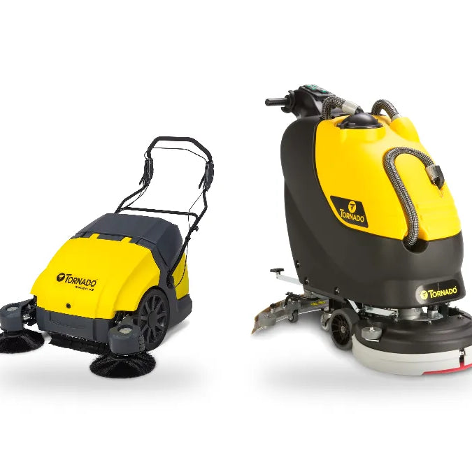 Tornado Torrent 43 walk-behind sweeper beside a Tornado BD 20/11L walk-behind auto scrubber
