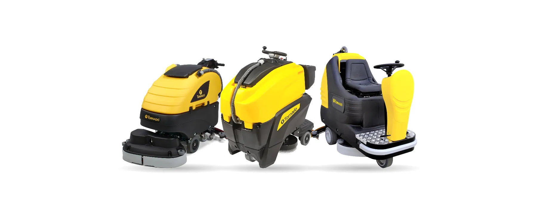 Tornado BD 26/20 walk-behind, BDSO 27/28 stand-on and BR 28/27 ride-on floor scrubbers side by side