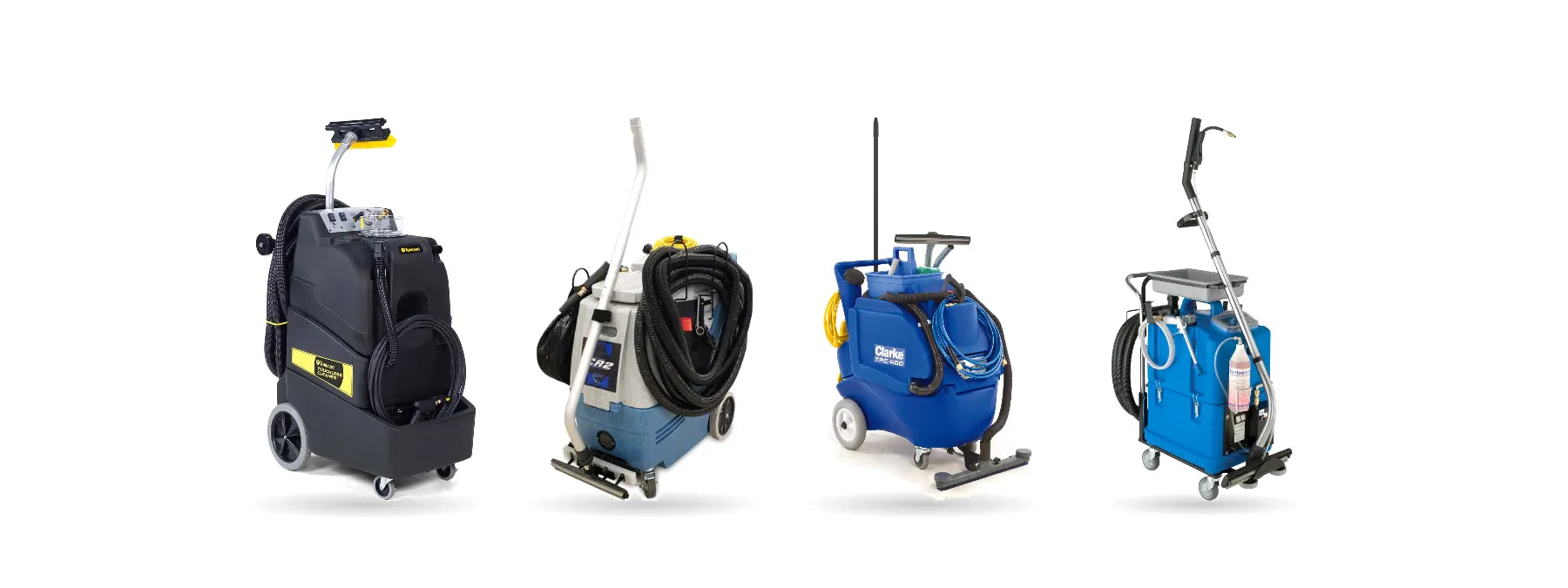 Four touchless restroom cleaning machines: Tornado Touchless, EDIC CR2, Clarke TFC 400 and NaceCare PT 30