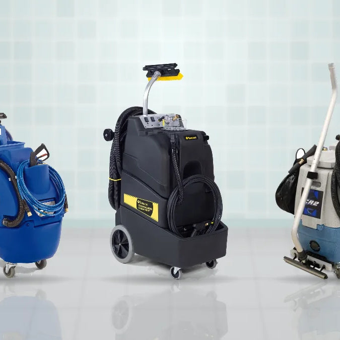 Clarke TFC 400, Tornado Touchless Cleaner and EDIC CR2 touchless restroom cleaners on a tiled restroom floor
