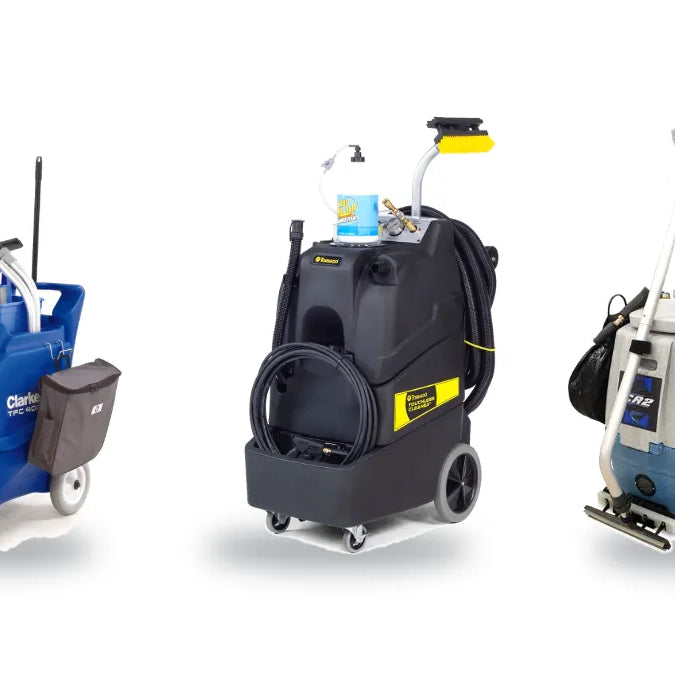 Clarke TFC 400, Tornado Touchless Cleaner and EDIC CR2 touchless restroom cleaners side by side on white