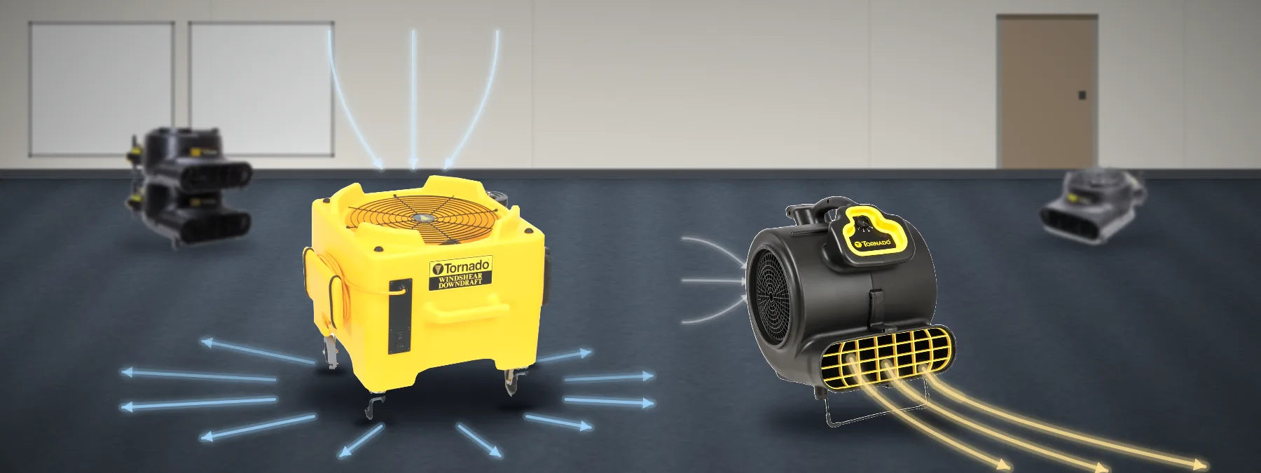 Illustration of a yellow Tornado Windshear Downdraft pushing air out across the carpet in all directions, next to a black Windshear 3200 snail air mover blowing one stream from its front outlet
