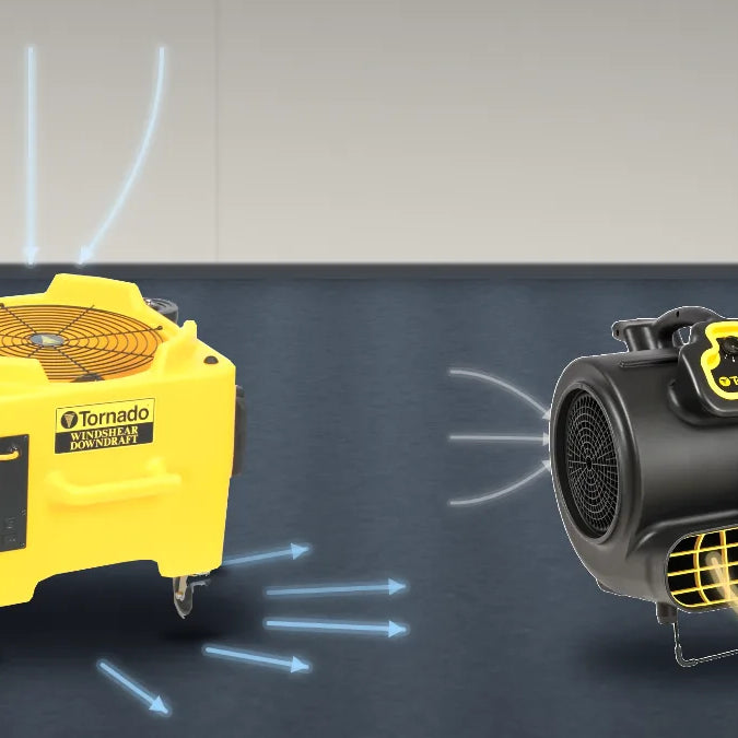 Illustration of a yellow Tornado Windshear Downdraft pushing air out across the carpet in all directions, next to a black Windshear 3200 snail air mover blowing one stream from its front outlet