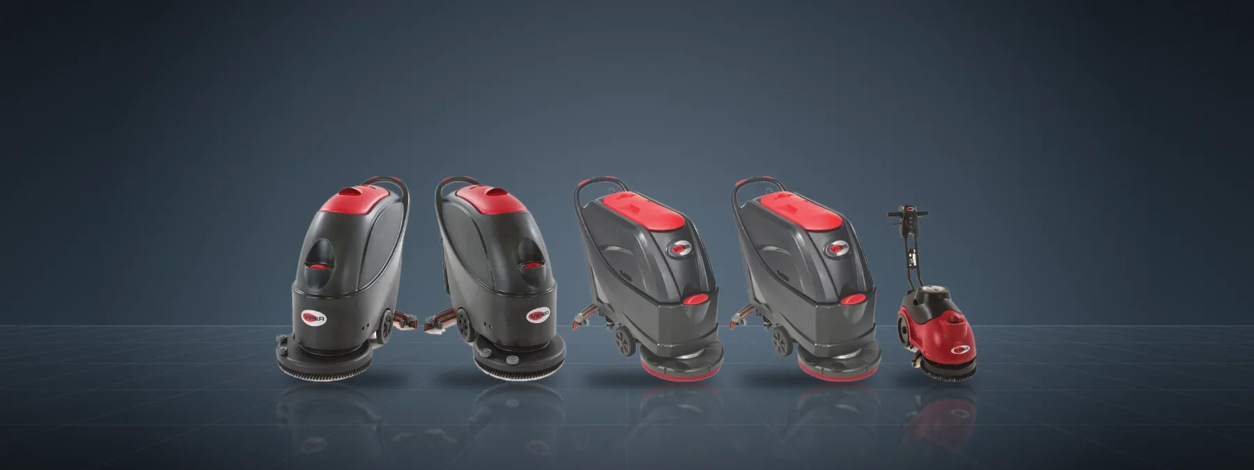 Viper AS430C, AS510B, AS5160, AS5160T and Fang 15B floor scrubbers lined up left to right