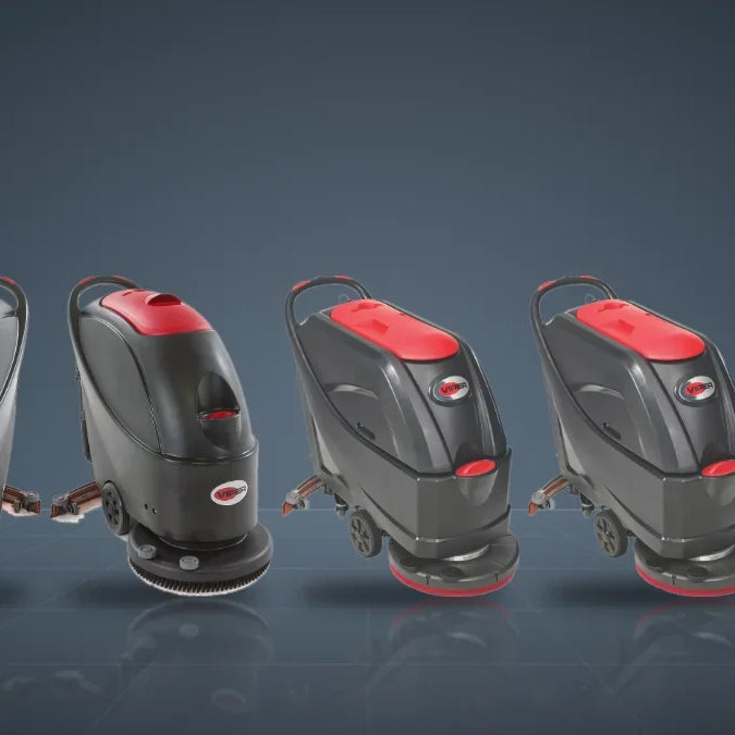 Viper AS430C, AS510B, AS5160, AS5160T and Fang 15B floor scrubbers lined up left to right