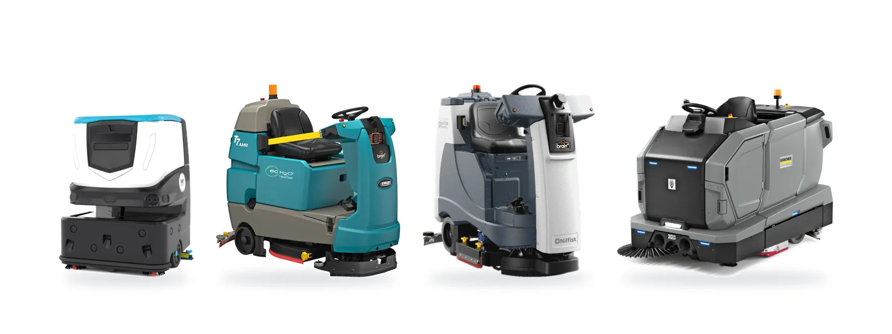 Four robotic floor scrubbers on a white background: ICE Cobi 18, Tennant T7AMR, Nilfisk Liberty SC60 and Kärcher KIRA BR 200