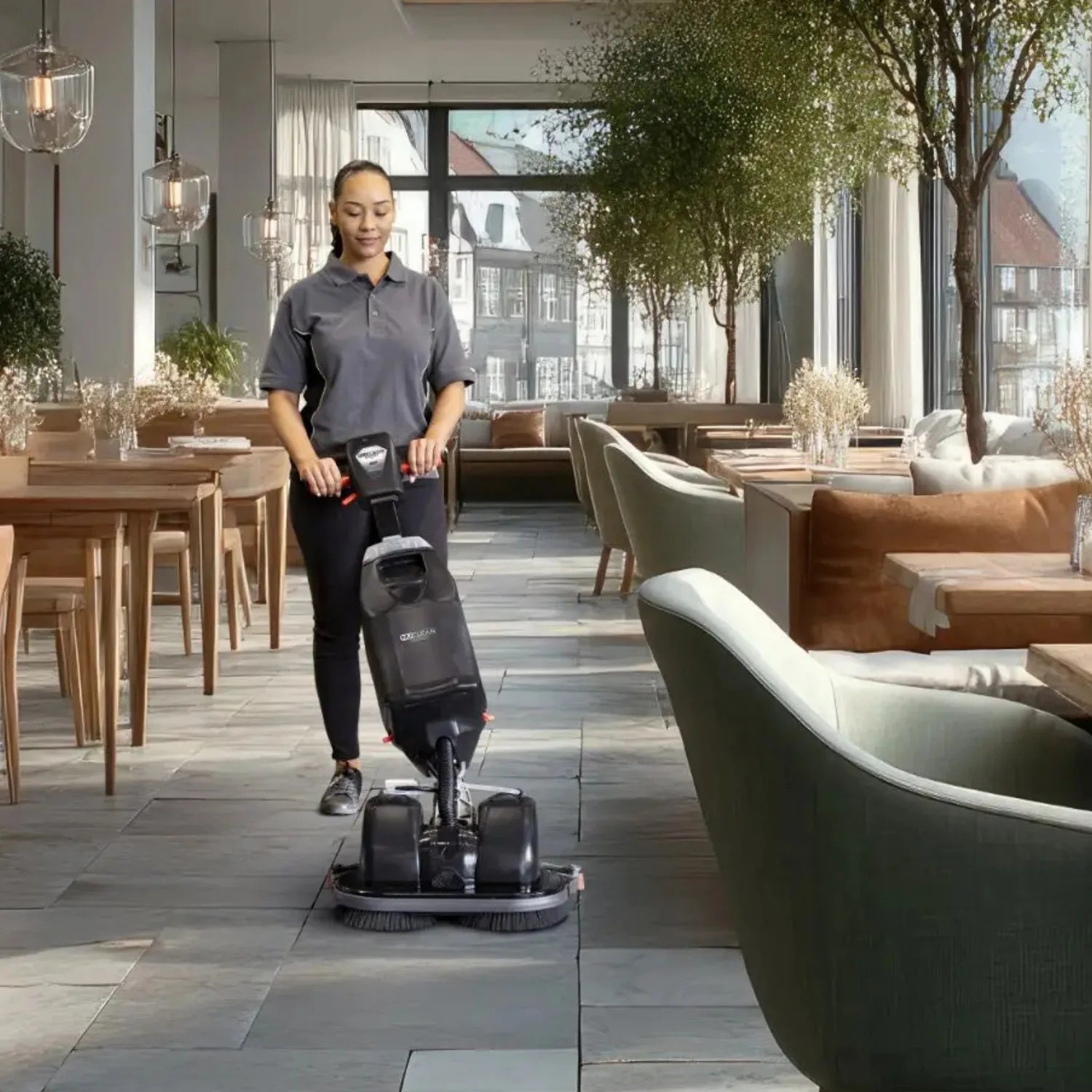 NaceCare 440NX Ultra-Compact Scrubber Trolley in use cleaning restaurant floor