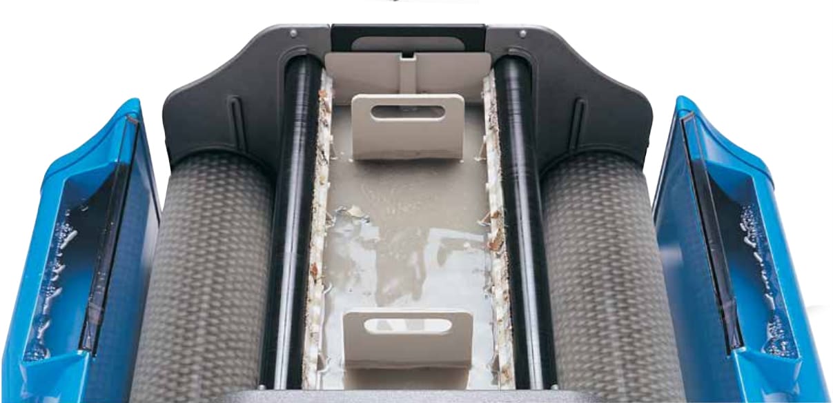 The Duplex 420 CRB Multiwash Scrubber in front, dual rotating cylindrical brushes, bottom view with recovery tanks