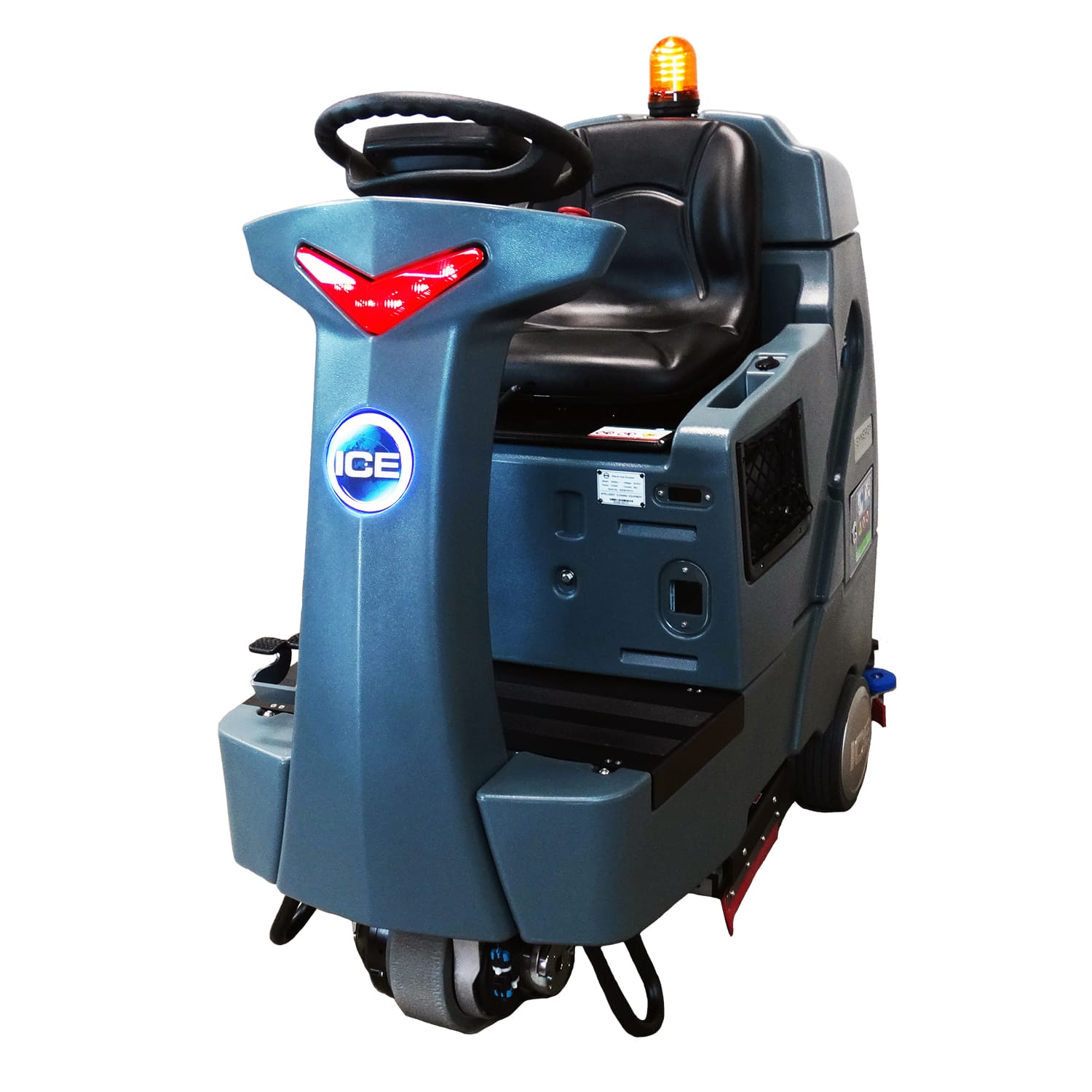 Front left view with upper angle of the ICE RS26L+ Lithium-Ion Battery Powered Ride-On Floor Scrubber