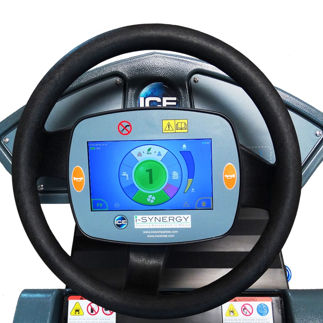 Close-Up Viewof the Steering Wheel and Control Panel of the ICE RS26L+ Lithium-Ion Battery Powered Ride-On Floor Scrubber