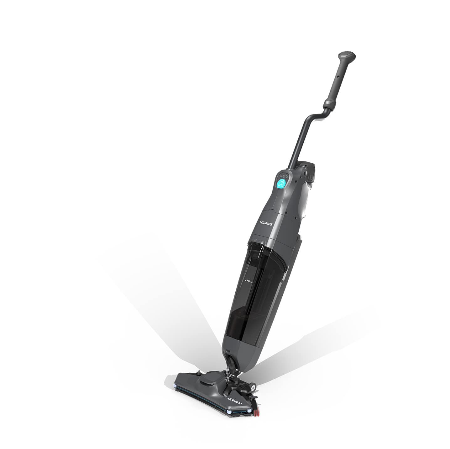 Nilfisk Motorscrubber Dryft Floor Scrubber slightly tilted on usage position, viewed from a front left angle