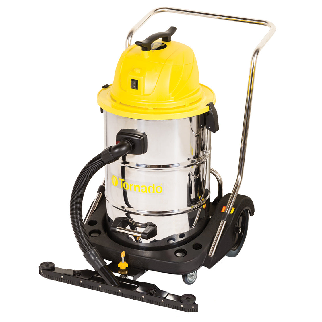 Tornado® Taskforce 20 Gallon Stainless Steel Wet Dry Vacuum with Front Mounted Squeegee and Tool Kit - #94236 - Front Left part of the machine, main picture.