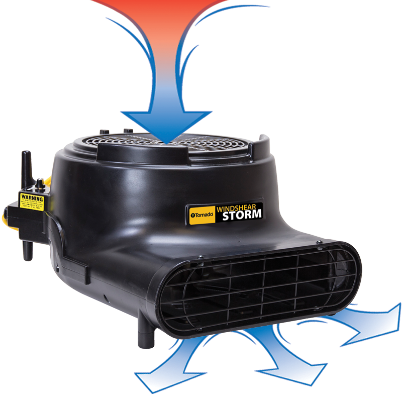 Airflow Illustration: Black and yellow Tornado® Storm Air Mover (#98778 and #98780) with blue air stream illustration indicating airflow direction.