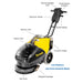 A breakdown of the main parts and features of the Tornado BD 14/4 Compact Cordless Auto Scrubber. Same angle as main image: Front left