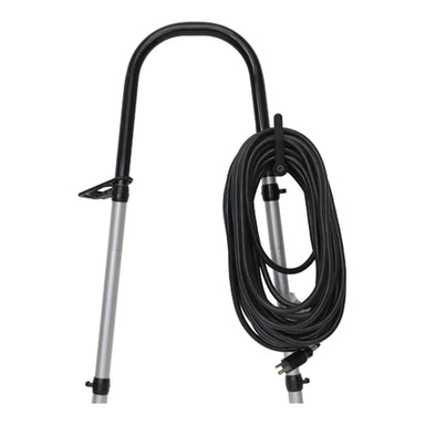 Black 50 ft 12-gauge power cord coiled on the cord hook of a CRB machine handle