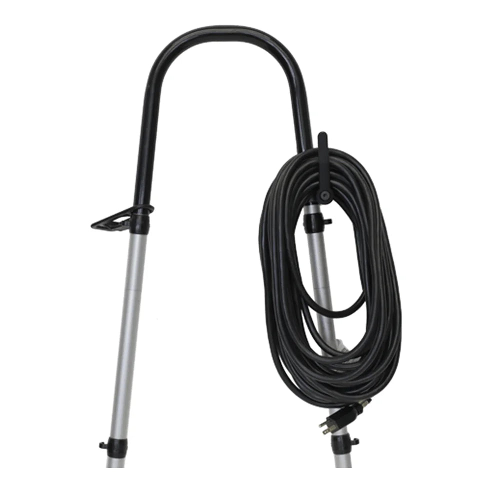 Black 50 ft 12-gauge power cord coiled on the cord hook of a CRB machine handle