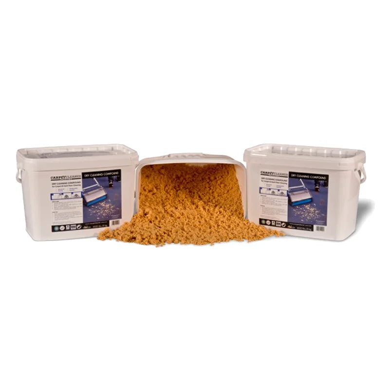 Carpet Cleaner America dry carpet cleaning compound buckets with the tan compound granules poured out between them