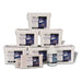 Stacked 20 lb buckets of Carpet Cleaner America dry cleaning compound with 2.2 lb bags and a prespray jug in front
