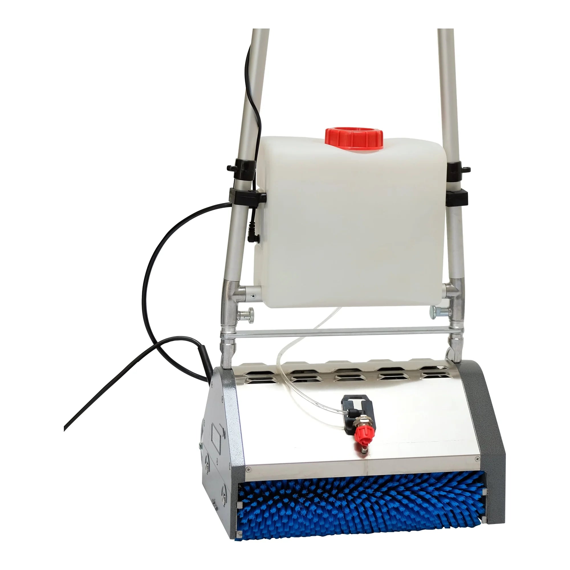 Carpet Cleaner America SPX onboard sprayer mounted on a CRB machine handle, with the white tank, red cap and spray nozzle above the brush