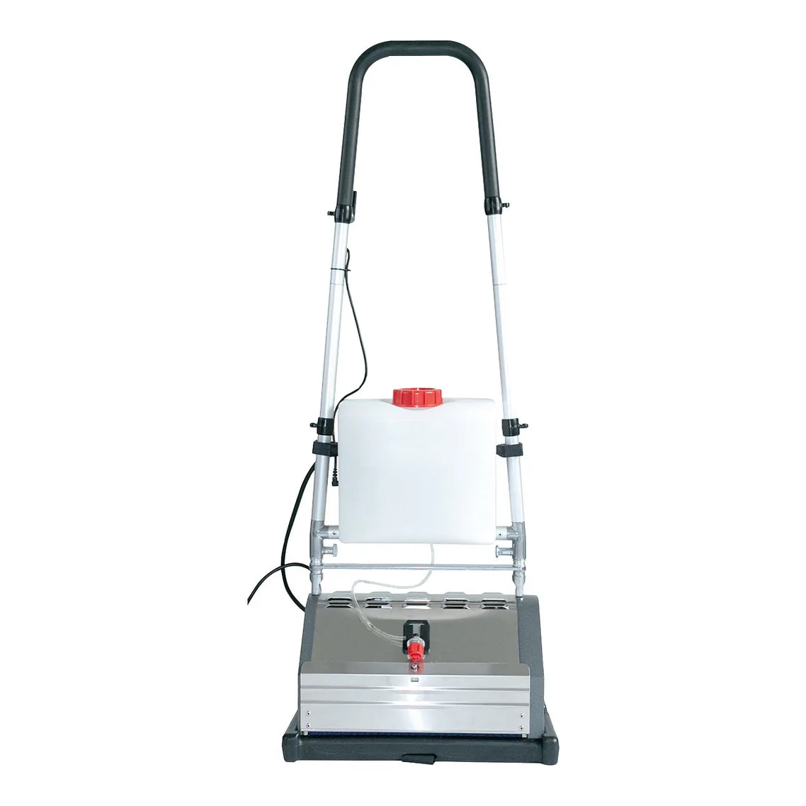 Front view of a CRB machine fitted with the SPX onboard sprayer, showing the tank on the handle uprights and the nozzle on the machine body