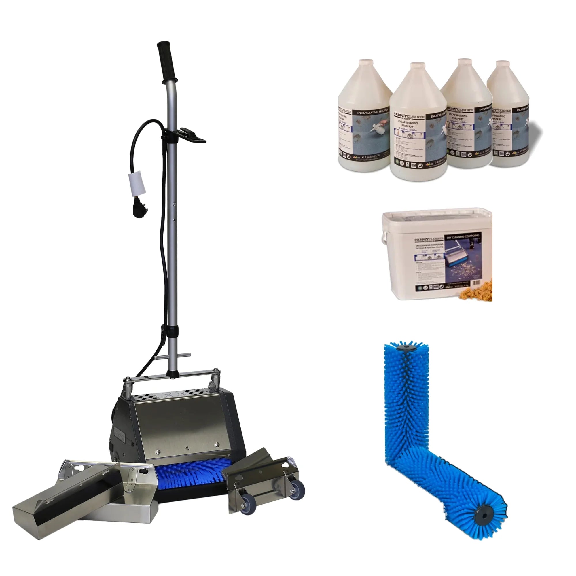 TM3 CRB machine Starter Package: TM3 with renovator trays, a spare pair of blue standard brushes, a 20 lb bucket of dry carpet cleaning compound and a case of encapsulating prespray