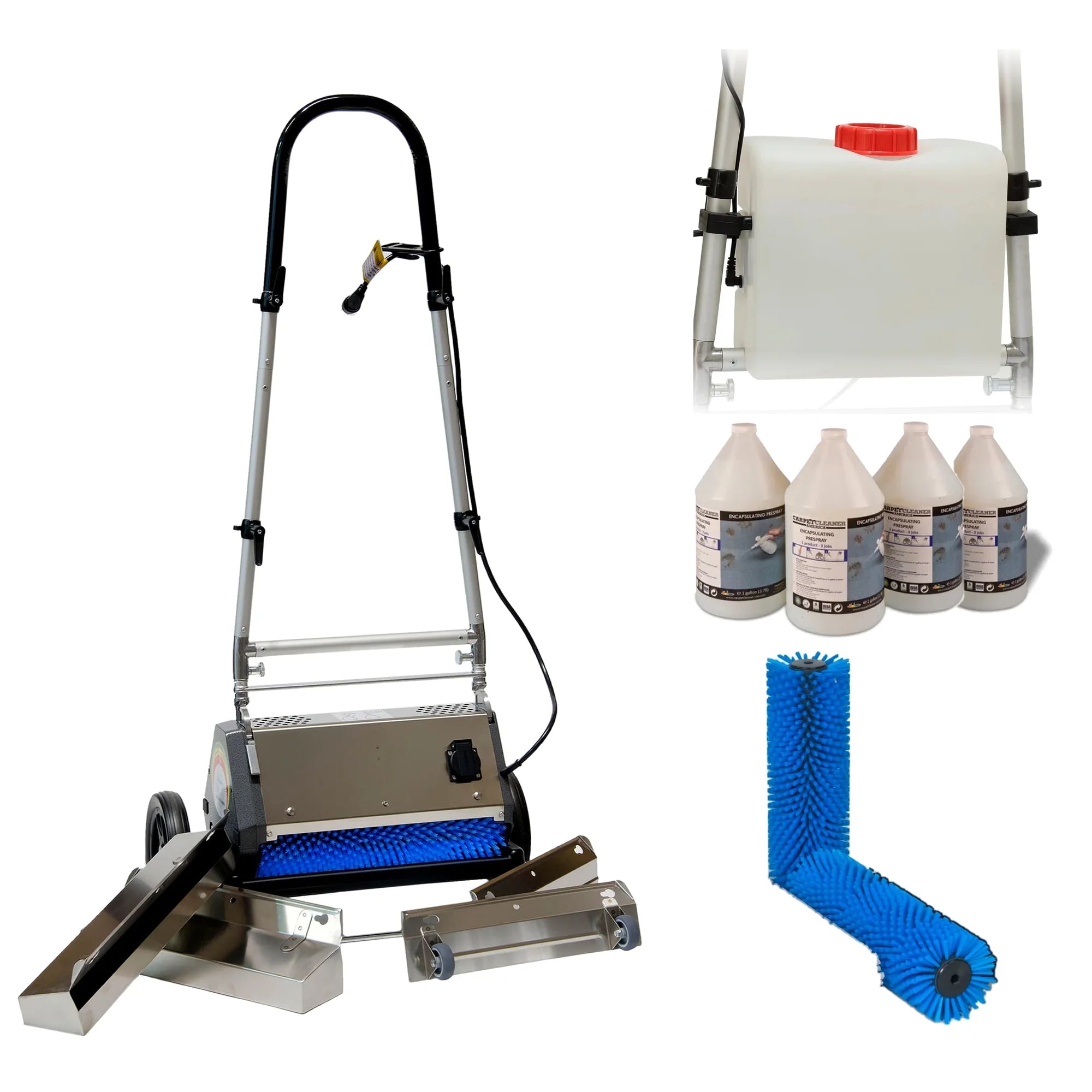 TM4 CRB machine Encap Package: TM4 with renovator trays, the SPX onboard sprayer tank, a case of encapsulating prespray and a spare pair of blue standard brushes