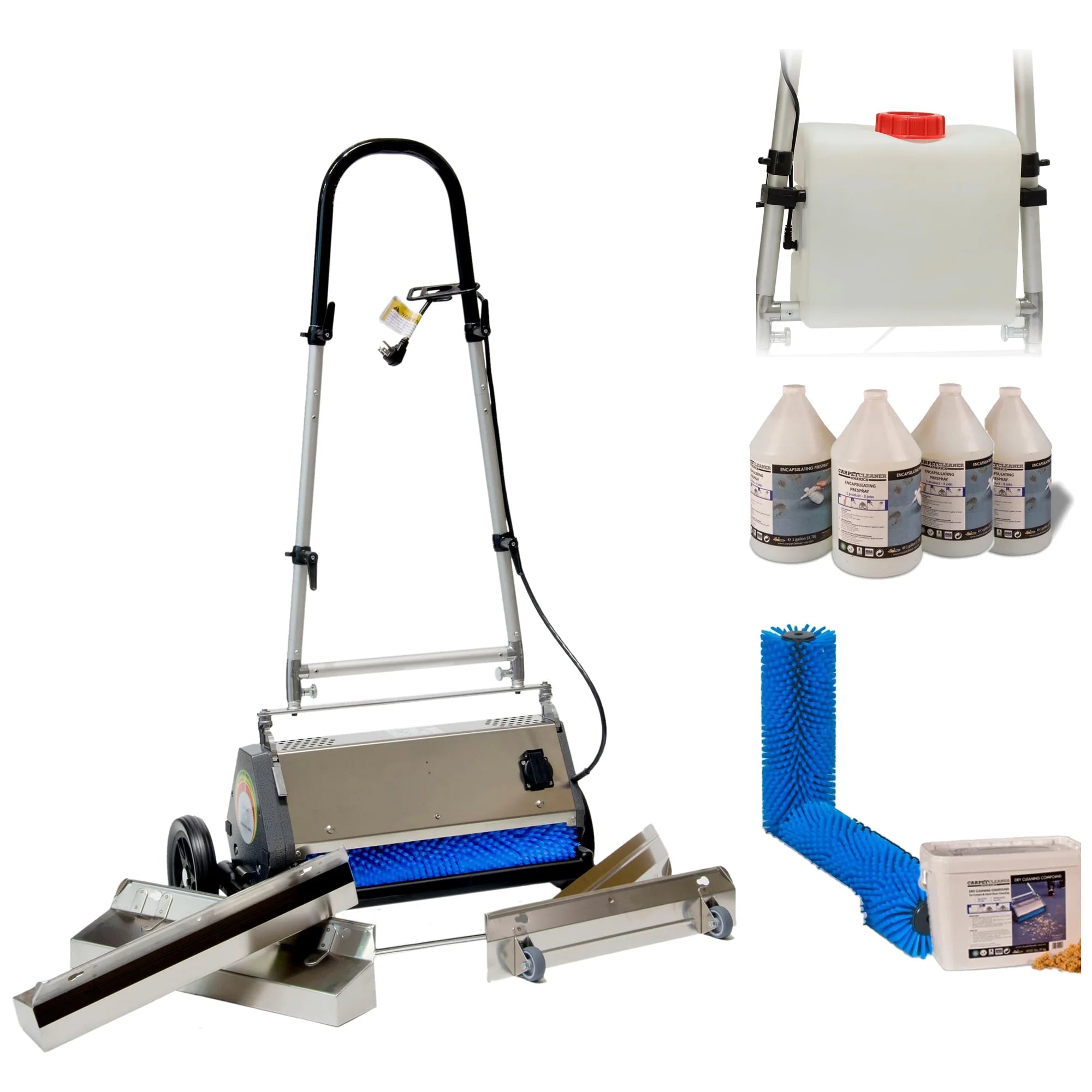 TM5 CRB machine Complete Package: TM5 with renovator trays, the SPX onboard sprayer tank, a case of encapsulating prespray, a spare pair of blue standard brushes and a 20 lb bucket of dry carpet cleaning compound