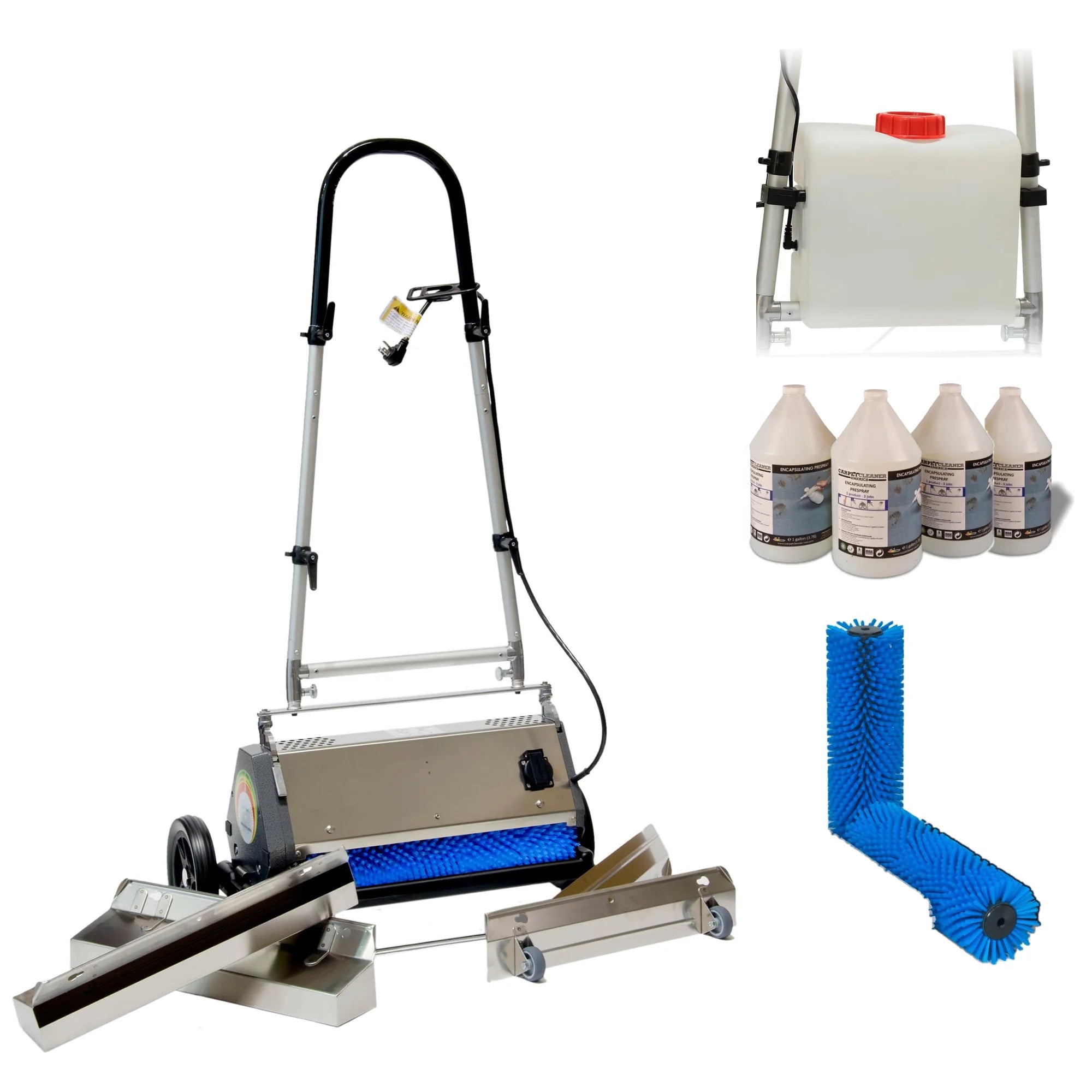 TM5 CRB machine Encap Package: TM5 with renovator trays, the SPX onboard sprayer tank, a case of encapsulating prespray and a spare pair of blue standard brushes