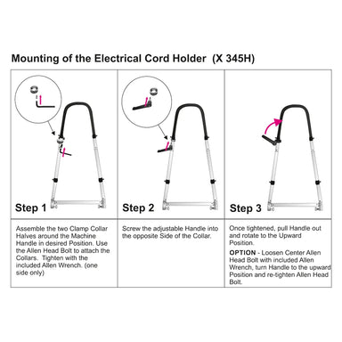 Three-step diagram for mounting the X 345H electrical cord holder on a CRB machine handle with two clamp collar halves and an Allen bolt