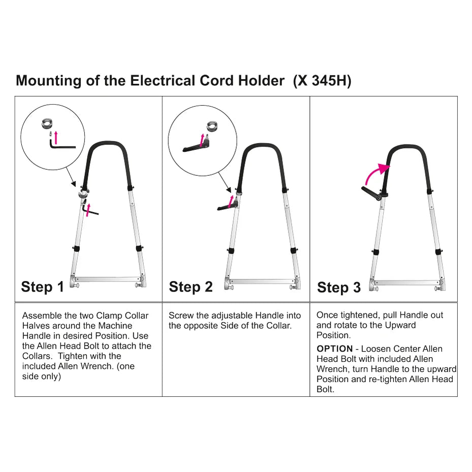Three-step diagram for mounting the X 345H electrical cord holder on a CRB machine handle with two clamp collar halves and an Allen bolt