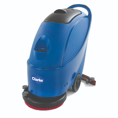 Clarke CA30 17E corded floor scrubber with a red scrub pad, front left angle
