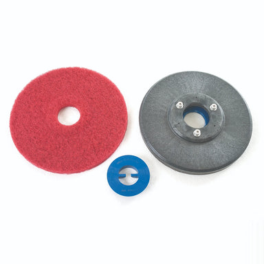 Clarke CA30 17E 17-inch pad holder with center lock, shown next to a red scrub pad