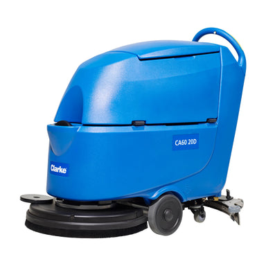 Clarke CA60 20D disc floor scrubber with round pad driver and rear squeegee, front left angle on a white background
