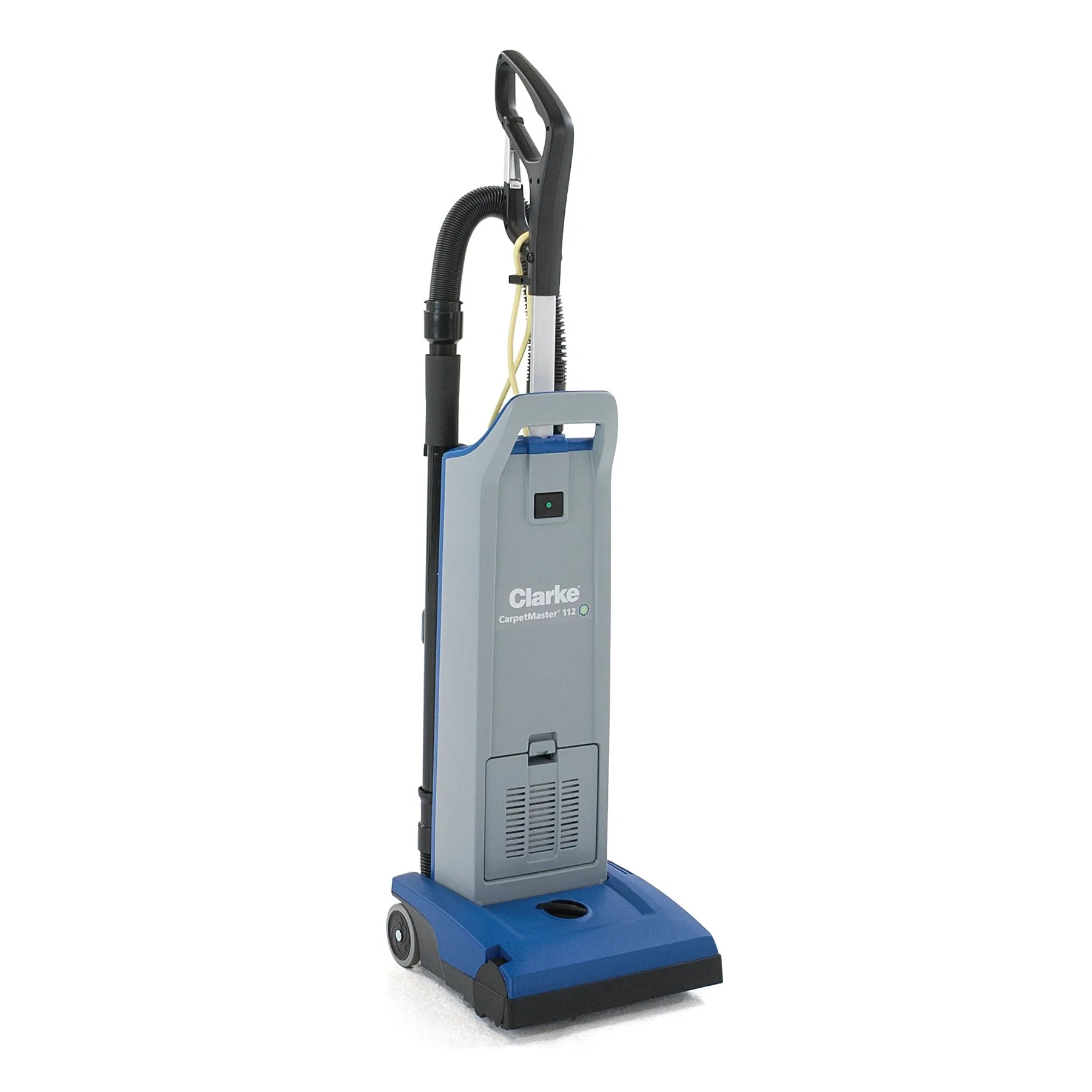Clarke CarpetMaster 112 12-inch single motor commercial upright vacuum, gray and blue, front right view