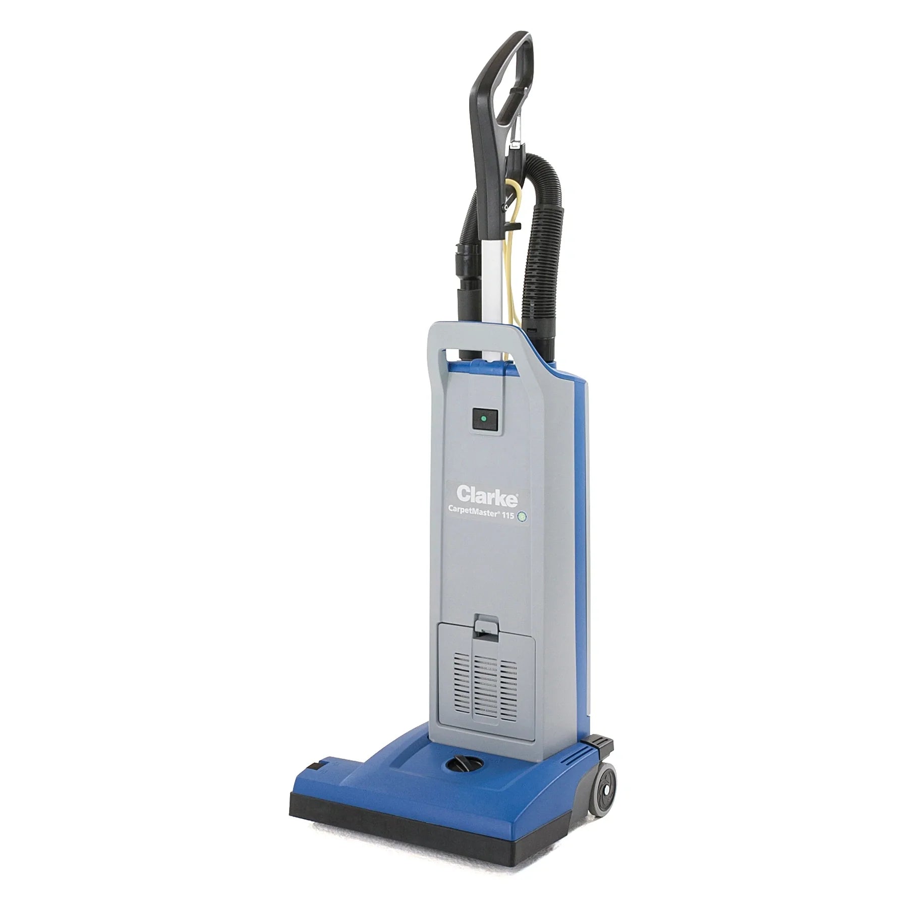 Clarke CarpetMaster 115 15-inch single motor commercial upright vacuum, gray and blue, front left view