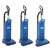Three Clarke CarpetMaster 200 Series dual motor upright vacuums standing side by side