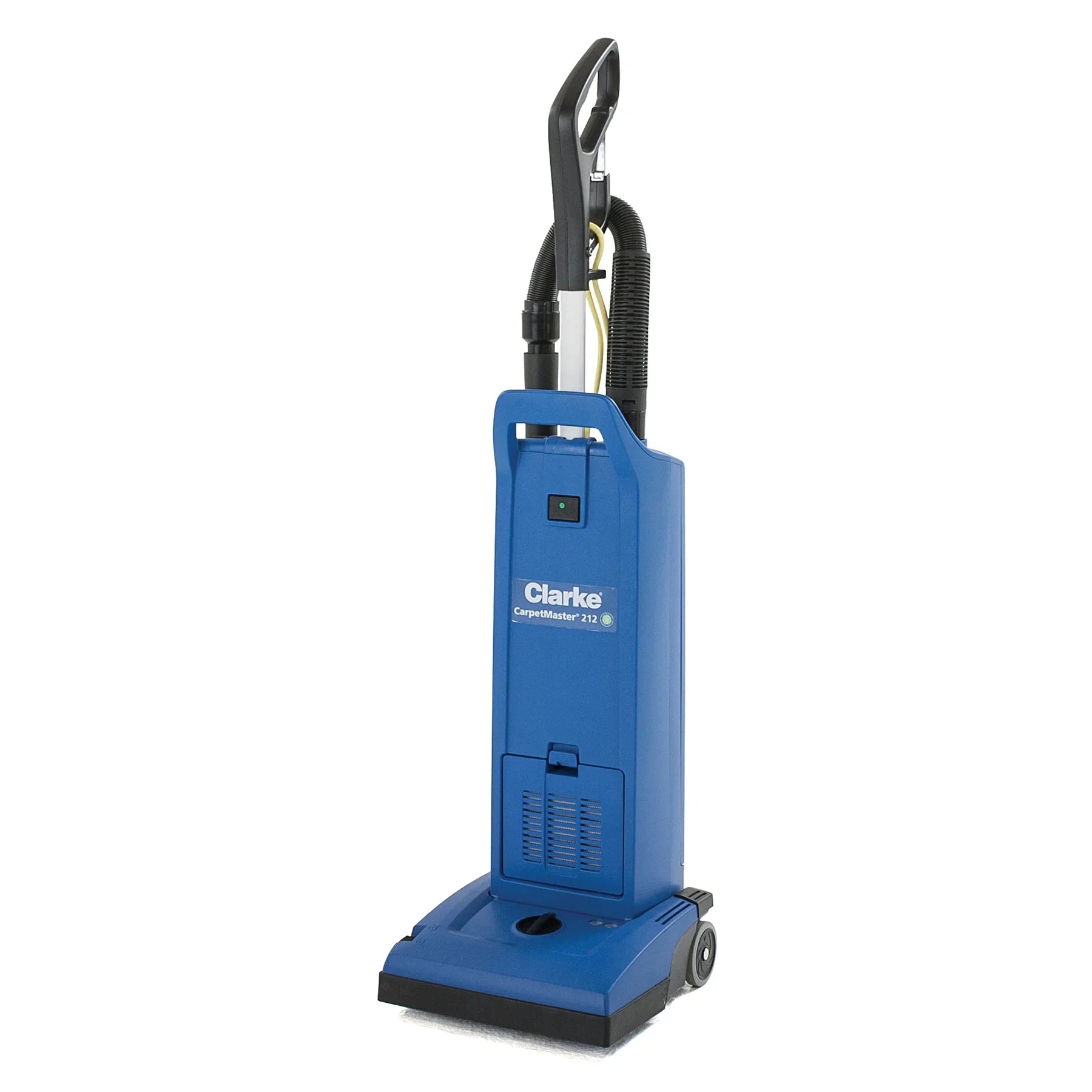 Clarke CarpetMaster 212 12-inch dual motor commercial upright vacuum, blue, front left view