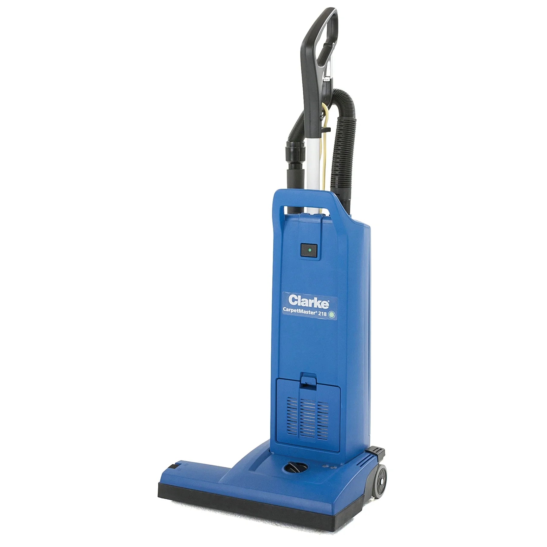 Clarke CarpetMaster 218 18-inch dual motor commercial upright vacuum, blue, front left view