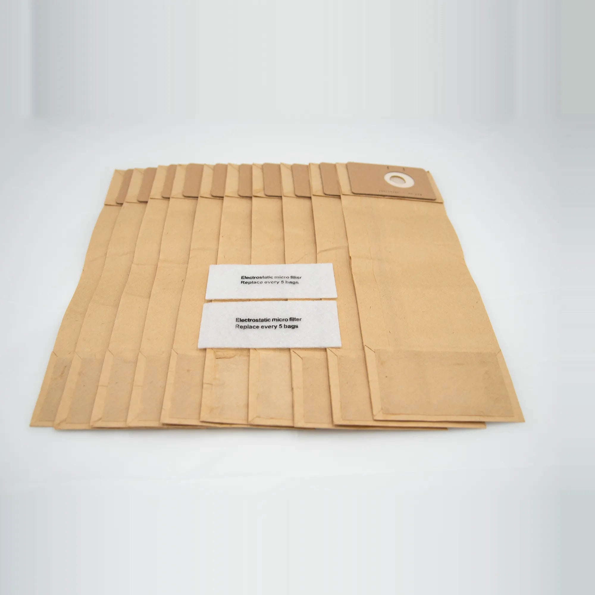 Ten Clarke CarpetMaster two-ply paper bags fanned out with the 2 micro pre-filters