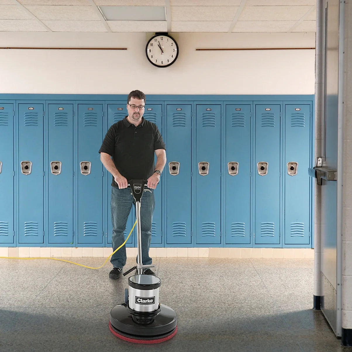 Clarke CFP Pro 20DS dual speed floor machine in use in a school