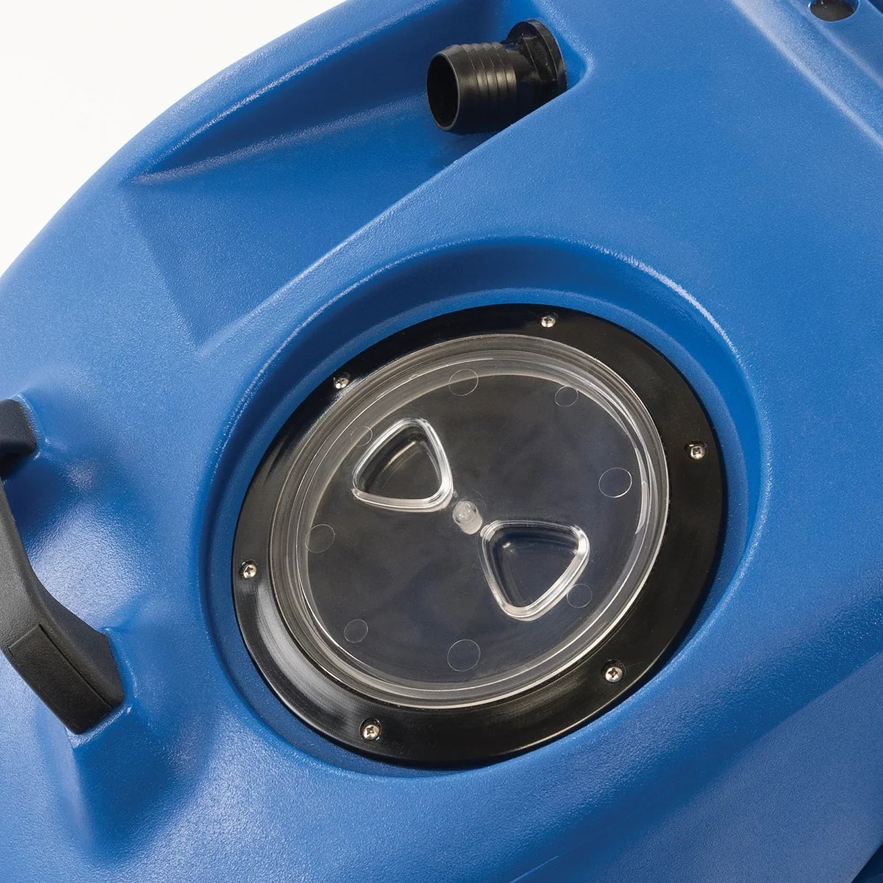 Clear screw-on recovery tank lid on top of the Clarke EX20, used to watch the water coming back