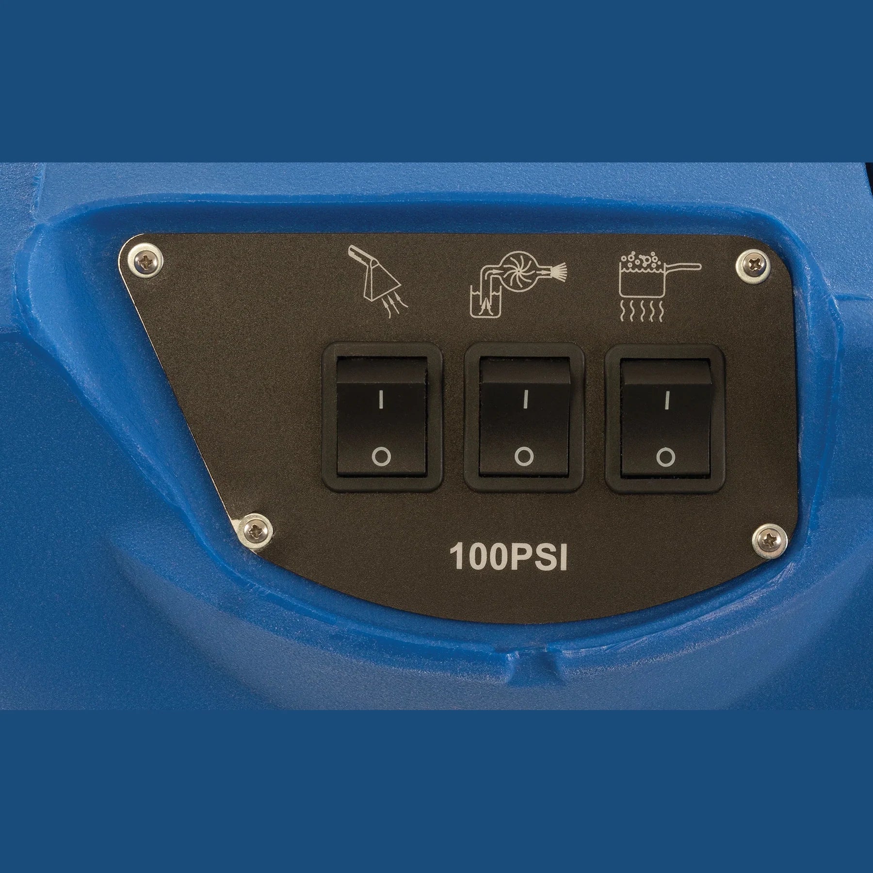 Close-up of the recessed switch plate on a heated Clarke EX20, with vacuum, pump and heat switches and the 100 PSI label