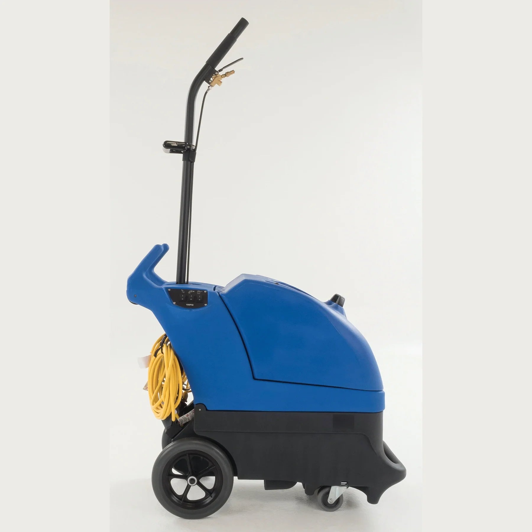 Clarke EX20 carpet extractor seen from the right side with the scrub wand stored upright
